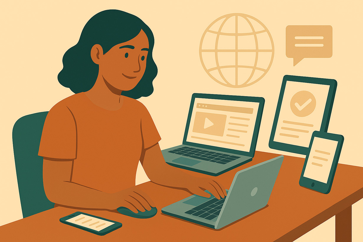 Frau arbeitet an mehreren digitalen Geräten; Illustration zu Multitasking und Digitalisierung.