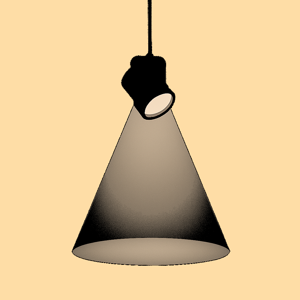 Schwarze Hängelampe, die einen kegelförmigen Lichtstrahl auf hellbeigen Hintergrund wirft.