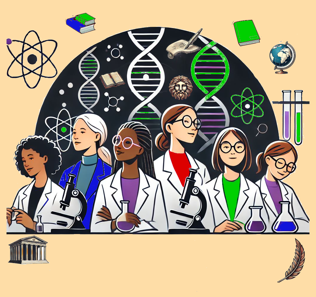 Diverse Frauen in Laborkitteln vor einem Hintergrund mit wissenschaftlichen Symbolen.